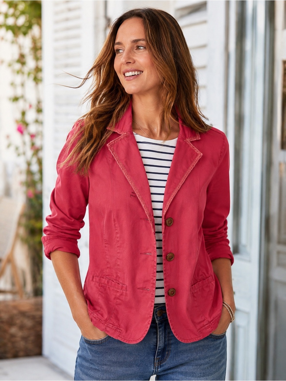 Boden Pink Coral Cotton Blazer Jacket Size 16 Floral Lined Casual Preppy